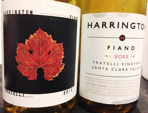 The front of the 2012 Fiano bottle, and the back of the 2013.